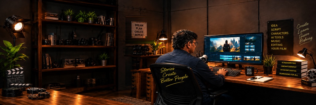 Filmmaker editing an AI-generated film scene at a desktop workstation, surrounded by 'Dream Plan Create Repeat' notes and film books